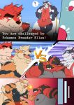 anthro apron arcanine battle breath_powers bwcat canid canine canis clothed clothing comic duo elemental_manipulation ellen_(bwcat) felid fire fire_breathing fire_manipulation generation_1_pokemon generation_7_pokemon group hi_res incineroar male mammal muscular muscular_male nintendo nipples pantherine pitchfork pokeball pokemon pokemon_(species) ren_(daikitei) speedo speedo_only swimwear tiger tools topless wolf