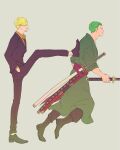  2boys archived_source bad_id bad_twitter_id black_footwear blonde_hair boots cigarette commentary fish_(m8snknk) foot_on_back green_hair green_kimono grey_background hair_over_one_eye hands_in_pockets highres holding holding_sword holding_weapon japanese_clothes katana kicking kimono male_focus multiple_boys necktie one_piece pants profile purple_sash roronoa_zoro sanji_(one_piece) sash shirt shoes simple_background sword weapon yellow_shirt 