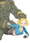  1boy 1girl ahegao black_gloves black_pantyhose blonde_hair blue_shirt braid colored_skin crown_braid defeat english_commentary fingerless_gloves fucked_silly ganondorf gloves grabbing_another&#039;s_hair green_eyes hair_ornament hairclip height_difference hetero highres jewelry multiple_rings noriko_(ni_noriko) open_mouth pantyhose parted_bangs pointy_ears princess_zelda prone_bone ring sex sex_from_behind shirt short_hair the_legend_of_zelda the_legend_of_zelda:_tears_of_the_kingdom tongue tongue_out torn_clothes torn_pantyhose white_background 
