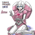  1girl 2010 absurdres arcee autobot backpack bag blue_eyes breasts helmet highres koukyou555 mecha medium_breasts on_floor panties pink_panties robot robot_girl transformers transformers:_generation_1 underwear v 