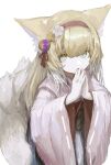  1girl absurdres animal_ear_fluff animal_ears arknights blonde_hair colored_tips commentary flower fox_ears fox_girl fox_tail green_eyes hair_flower hair_ornament hairband highres japanese_clothes kimono kitsune kyuubi long_hair long_sleeves looking_at_viewer multicolored_hair multiple_tails official_alternate_costume open_mouth own_hands_together piennamekuzi pink_kimono red_hairband simple_background solo suzuran_(arknights) suzuran_(yukibare)_(arknights) tail two-tone_hair white_background white_hair wide_sleeves 