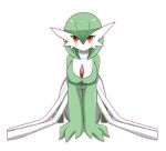  1girl all_fours ass_visible_through_thighs blush bob_cut breasts cleavage closed_mouth collarbone colored_skin commentary full_body gardevoir green_hair green_skin hair_between_eyes hanging_breasts happy large_breasts light_blush looking_at_viewer multicolored_skin outline pink_outline pokemon pokemon_(creature) red_eyes short_hair simple_background smile solo split_mouth straight-on two-tone_skin white_background white_skin yunicon 