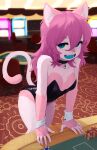 2023 anthro blue_eyes breasts casino choker clothed clothing digital_media_(artwork) domestic_cat fangs felid feline felis female female_anthro fur hair hi_res jewelry kemono leotard long_hair looking_at_viewer mammal necklace open_mouth pink_body pink_fur pink_hair poker_chip small_breasts solo teeth tongue yoako