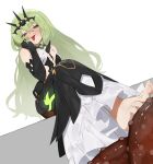  1girl bare_shoulders barefoot black_gloves blush breasts commentary_request crown dress elbow_gloves feet flasso foot_focus forked_tongue frilled_dress frills gloves green_eyes green_hair hair_ornament highres honkai_(series) honkai_impact_3rd long_hair looking_at_viewer mobius_(honkai_impact) octopus saliva simple_background single_sleeve sitting small_breasts smile solo sweatdrop tentacles toenails toes tongue tongue_out white_background 