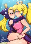  2girls absurdres ass blonde_hair blue_eyes breasts breath cotonus covered_nipples cross_cutout crown dress eye_contact highres hooded_dress hug huge_breasts implied_futanari kneehighs leather_dress looking_at_another mario_(series) mario_power_tennis mario_tennis mini_crown multiple_girls pink_dress ponytail princess_peach socks sportswear steaming_body straddling tennis_uniform thighs upright_straddle warupeach yuri 