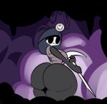 1-upclock anthro arthropod big_butt black_eyes blush breasts butt female headgear hollow_knight huge_butt insect myla_(hollow_knight) pickaxe purple_background simple_background solo team_cherry thick_thighs wide_hips