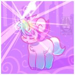 2016 blue_body blue_fur blush bright_light child cloud digital_drawing_(artwork) digital_media_(artwork) equid equine eyeliner eyes_closed feral fur fur_tuft glistening glistening_horn glowing glowing_horn hair hooves horn magic makeup male mammal mane optibyte osamu_tezuka pink_eyeliner pink_hair pink_mane purple_background sanrio short_hair signature simple_background solo standing tail tuft unico unico_(series) unicorn white_tail young