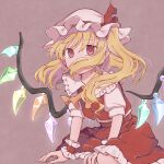  1girl bangohan_(y73s103h1225) blonde_hair brown_background crystal fingernails flandre_scarlet frilled_skirt frills hat long_fingernails long_hair one_side_up pointy_ears puffy_short_sleeves puffy_sleeves red_eyes red_skirt red_vest sharp_fingernails short_sleeves simple_background skirt solo touhou vest white_headwear winged_hat wings wrist_cuffs 