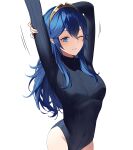  1girl ameno_(a_meno0) arms_up blue_eyes blue_hair breasts covered_navel fire_emblem fire_emblem_awakening holding_own_arm leotard long_hair long_sleeves lucina_(fire_emblem) one_eye_closed simple_background small_breasts solo tiara turtleneck very_long_hair wavy_hair white_background 