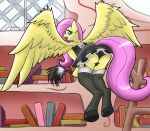 anthro anthrofied book butt cleaning_tool clothing equid equine feather_duster female fluttershy_(mlp) friendship_is_magic garter_straps hair hasbro jomblluc legwear looking_at_viewer looking_back looking_back_at_viewer maid_uniform mammal my_little_pony panties pegasus pink_hair solo thigh_highs underwear uniform wings