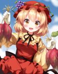  1girl :d aki_minoriko apron black_ribbon blonde_hair blush bow bowtie commentary_request cowboy_shot dress food frilled_apron frilled_dress frills fruit fruit_hat_ornament gloves grape_hat_ornament grapes hat highres holding leaf long_sleeves looking_at_viewer mob_cap neck_ribbon open_mouth puffy_long_sleeves puffy_sleeves red_apron red_headwear ribbon ruu_(tksymkw) shirt short_hair skirt smile solo sweet_potato touhou white_gloves wide_sleeves yellow_shirt 