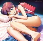  1girl ass backpack bag barefoot blue_eyes blue_one-piece_swimsuit blush brown_hair commentary_request flat_chest hiyori_mizuki knees_up looking_at_viewer lying medium_hair on_side one-piece_swimsuit open_mouth original pillow randoseru red_background school_swimsuit smile solo swimsuit toes 