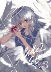  1girl absurdres angel_wings apple blue_dress breasts dress feathered_wings food fruit halo highres holding holding_food holding_fruit huangyou long_hair medium_breasts multiple_wings open_mouth red_eyes sariel_(touhou) short_sleeves solo touhou touhou_(pc-98) white_hair white_wings wide_sleeves wings 
