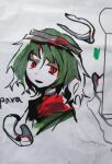  1other androgynous brown_headband cocopalm green_hair green_shirt hair_between_eyes headband highres len&#039;en looking_at_viewer marker_(medium) open_mouth other_focus para_(len&#039;en) red_scarf scarf shirt short_hair smile solo traditional_media 