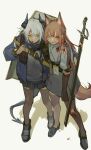  2girls absurdres animal_ears arknights arm_around_shoulder blood blood_from_mouth blood_on_face blue_jacket brown_hair bruise curtch dragon_girl dragon_horns fox_ears fox_girl fox_tail franka_(arknights) gloves grey_shirt highres horns injury jacket liskarm_(arknights) long_hair miniskirt multiple_girls name_tag open_clothes open_jacket orange_eyes ponytail shadow sheath sheathed shield shield_on_back shirt skirt smile tail thighhighs watch white_background white_hair wristwatch yellow_eyes 