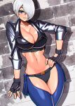  1girl akisu_k angel_(kof) black_jacket breasts chaps cleavage crop_top cropped_jacket fingerless_gloves gloves hair_over_one_eye jacket large_breasts leather leather_jacket linea_alba looking_at_viewer midriff navel pants revealing_clothes short_hair smile solo strapless teeth the_king_of_fighters white_hair 