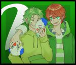  2boys arm_around_neck arm_around_shoulder black_border border brown_hair clown_mask colorful_peach copyright_request drawstring green_background green_eyes green_hair green_hoodie green_jacket hair_between_eyes holding holding_mask hood hood_down hooded_jacket hoodie jacket japapa_(youtube) long_sleeves male_focus maru_(memoriatechnica) mask multiple_boys open_clothes open_jacket puffy_long_sleeves puffy_sleeves shirt sleeves_past_wrists striped striped_shirt unworn_mask upper_body 