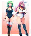  1girl animal_ears blue_leotard blush breasts cameltoe cleavage commission covered_navel elbow_pads full_body green_hair highres kazami_yuuka knee_pads large_breasts leotard long_hair looking_at_viewer niwatori_(eck16614) one_eye_closed open_mouth purple_hair rabbit_ears red_eyes reisen_udongein_inaba short_hair skeb_commission smile touhou white_leotard wrestling_boots wrestling_outfit 