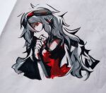  1other alternate_hair_color androgynous blood blood_on_face blood_on_hands closed_mouth cocopalm grey_hair hand_to_own_mouth highres len&#039;en long_hair marker_(medium) other_focus pointy_ears red_eyes simple_background solo taira_no_fumikado traditional_media white_background 