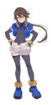  1girl absurdres aile_(mega_man_zx) black_bodysuit blue_jacket bodysuit breasts brown_hair cropped_jacket green_eyes highres jacket long_hair mayutsuba_mono mega_man_(series) mega_man_zx mega_man_zx_advent open_clothes open_jacket ponytail robot_ears shorts small_breasts solo tagme white_shorts 