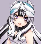  1girl :d bare_shoulders black_choker black_hair blunt_bangs choker dress fire_emblem fire_emblem_engage gau_fe highres long_hair looking_at_viewer multicolored_hair open_mouth purple_eyes sleeveless sleeveless_dress smile solo two-tone_hair upper_body veyle_(fire_emblem) white_dress white_hair wing_hair_ornament 