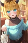  1girl :3 blonde_hair blue_sweater blush bob_cut demon_horns entrance fake_horns highres horns inverted_bob kirinagi35 memcho multicolored_hair no_pupils off-shoulder_sweater off_shoulder oshi_no_ko roots_(hair) sweater 