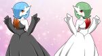  2girls alternate_color bare_shoulders black_dress black_gloves blue_hair bob_cut breasts closed_mouth collarbone colored_skin commentary_request dress elbow_gloves gardevoir gloves green_hair hair_over_one_eye hands_up happy highres long_dress looking_at_viewer medium_breasts mega_gardevoir mega_pokemon multiple_girls one_eye_covered open_mouth orange_eyes partial_commentary pink_background pokemon pokemon_(creature) red_eyes shiny_pokemon short_hair simple_background smile split_mouth strapless strapless_dress symmetry white_dress white_gloves white_skin yunicon 