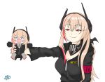  2girls armband blonde_hair blush breasts cleavage fang girls&#039;_frontline headgear highres large_breasts long_hair m4_sopmod_ii_(girls&#039;_frontline) m4_sopmod_ii_jr meme multicolored_hair multiple_girls red_armband red_eyes red_hair sharp_teeth smile smug streaked_hair teeth thedaniilfox upper_body very_long_hair you_can_just_give_this_kind_of_thing_to_men_and_they_will_be_thrilled_(meme) 