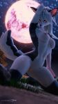 3d_(artwork) anthro breasts canid canid_demon canine demon digital_media_(artwork) ear_piercing female foxventus fur genitals grey_body grey_fur hair hellhound helluva_boss hi_res kneeling looking_at_viewer loona_(furromantic) loona_(helluva_boss) mammal moon navel night nipples nude outside piercing pose pussy red_sclera solo tail white_body white_eyes white_fur white_hair