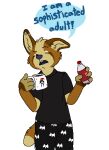 2013 aliasing alpha_channel anthro beverage black_bottomwear black_clothing black_pants black_shirt black_topwear blue_(bluekyokitty) blue_nose blue_speech_bubble blue_text blue_tongue bluekyokitty bottle bottomwear brown_body brown_fur canid canine canis clothed clothing container dialogue digital_drawing_(artwork) digital_media_(artwork) domestic_dog dr_pepper english_text eyebrows eyes_closed flat_colors fully_clothed fur half-length_portrait handwritten_text herding_dog holding_beverage holding_bottle holding_container holding_mug holding_object low_res male mammal mixed_breed mug open_mouth pajama_pants pants pastoral_dog portrait raised_eyebrows sebdoggo shirt simple_background solo speech_bubble t-shirt tail tan_body tan_fur tan_inner_ear teeth text tongue topwear trans_(lore) trans_man_(lore) transparent_background welsh_corgi