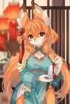  1girl animal_ear_fluff animal_ears animal_nose aqua_dress arm_across_waist artist_name bare_shoulders black_eyes blurry blurry_background body_fur bottle china_dress chinese_clothes collared_dress commentary cowboy_shot detached_sleeves dress flower_knot fox_ears fox_girl fox_tail furry furry_female hair_ornament hand_up highres holding holding_bottle indoors kawarage_yatano looking_at_viewer low_twintails orange_fur orange_hair original sidelocks smile solo standing tail tassel tassel_hair_ornament tokkuri twintails 