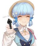  1girl absurdres aiming aiming_at_viewer blue_hair blunt_bangs braid breasts brown_headwear butterfly_hair_ornament closed_eyes closed_mouth collar commentary_request flower genshin_impact gun hair_flower hair_ornament hair_up highres holding holding_gun holding_weapon kamisato_ayaka kamisato_ayaka_(springbloom_missive) light_blue_hair light_blush long_sleeves medium_breasts official_alternate_costume simple_background smile solo translated weapon white_background white_collar yaduki100 