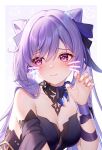  1girl bare_shoulders black_choker blush breasts choker claw_pose cleavage commentary_request cone_hair_bun detached_sleeves dress genshin_impact hair_bun hand_up keqing_(genshin_impact) lightria long_hair medium_breasts nail_polish purple_dress purple_eyes purple_hair purple_nails purple_ribbon ribbon short_sleeves solo strapless strapless_dress twintails upper_body very_long_hair wrist_ribbon 