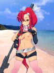  beach belt bikini blush breasts censored gloves gun long_hair nipples open_pants pussy red_hair rifle scarf sniper_rifle swimsuit tengen_toppa_gurren_lagann thighhighs water weapon yoko_littner yoko_ritona 