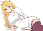  1girl blonde_hair breasts brown_eyes brown_thighhighs closed_mouth cowboy_shot dress hat highres higurashi_no_naku_koro_ni large_breasts leaning_to_the_side light_blush long_hair looking_at_viewer nurse nurse_cap parted_bangs short_dress short_sleeves smile solo takano_miyo thighhighs white_background white_dress yuno_ff zettai_ryouiki 