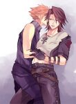  2boys against_wall belt black_belt black_gloves black_jacket black_pants blonde_hair blue_eyes brown_hair cloud_strife commentary_request couple cropped_jacket final_fantasy final_fantasy_vii final_fantasy_viii furrowed_brow gloves grey_background hand_on_another&#039;s_arm hand_on_another&#039;s_chest high_collar jacket jewelry kingdom_hearts kingdom_hearts_ii leaning_back leaning_forward leather_belt leg_between_thighs licking licking_ear male_focus medium_hair minatoya_mozuku multiple_belts multiple_boys necklace open_clothes open_jacket open_mouth pants scar scar_on_face shirt short_hair short_sleeves simple_background sleeveless sleeveless_turtleneck squall_leonhart sweatdrop thigh_strap turtleneck upper_body white_shirt yaoi 