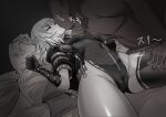  absurdres chain chain_leash clenched_hand clothed_female_nude_male covered_nipples dark-skinned_male dark_skin french_kiss girls&#039;_frontline gutt542 hand_on_another&#039;s_thigh highleg highleg_leotard highres holding holding_leash kiss leash leotard lying messy_hair monochrome nude on_back pa-15_(girls&#039;_frontline) pillow pussy_juice_stain saliva saliva_trail single_thighhigh thighhighs 