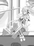  1girl aria_(manga) dress greyscale hat highres indoors long_hair looking_to_the_side mizunashi_akari monochrome sitting solo suiso_(owp) very_long_hair white_dress window 