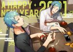  2021 2boys absurdres adam&#039;s_apple bishounen black_sweater blue_hair book bowl brothers cellphone chopsticks drawstring earrings eel_boy english_text floyd_leech food fruit happy_new_year heterochromia highres holding holding_chopsticks hood hoodie jade_leech jewelry kotatsu long_sleeves looking_at_another male_focus mandarin_orange multicolored_hair multiple_boys open_book open_clothes open_mouth orange_peel ororooops phone sharp_teeth short_hair siblings sitting smartphone streaked_hair sweater table tatami teeth twins twisted_wonderland white_hoodie yellow_eyes 