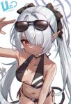  1girl absurdres amamiyayk bikini black_bikini black_ribbon blue_archive breasts closed_mouth collarbone dark-skinned_female dark_skin eyewear_on_head grey_hair hair_over_one_eye hair_ribbon highres iori_(blue_archive) iori_(swimsuit)_(blue_archive) long_hair looking_at_viewer medium_breasts navel official_alternate_costume pointy_ears red_eyes ribbon side-tie_bikini_bottom simple_background solo sunglasses swimsuit tail twintails white_background 