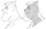 2023 anthro big_chin cheek_tuft clothed clothed_anthro clothed_male clothing commander_feral curved_eyebrows dbaru digital_drawing_(artwork) digital_media_(artwork) domestic_cat eyebrows facial_tuft felid feline felis fur fur_tuft hair hanna-barbera hi_res looking_aside male male_anthro mammal mature_anthro mature_male monochrome mouth_closed prick_ears serious short_hair side_view snout solo swat_kats thick_neck topwear tuft whiskers x-ray_vision