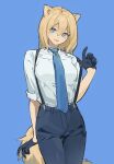  1girl animal_ears black_gloves black_pants blonde_hair blue_background blue_eyes blue_necktie closed_mouth collared_shirt cowboy_shot dog_ears dog_girl dog_tail gloves hair_between_eyes highres kimura_731 looking_at_viewer necktie original pants shirt sidelocks sleeves_rolled_up smile solo tail white_shirt 
