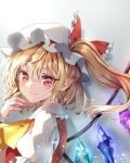  ascot bat_wings blonde_hair collared_shirt crystal flandre_scarlet frilled_shirt_collar frilled_sleeves frills hat hat_ribbon highres medium_hair mob_cap multicolored_wings one_side_up puffy_short_sleeves puffy_sleeves red_eyes red_ribbon red_vest ribbon shironeko_yuuki shirt short_sleeves side_ponytail skirt skirt_set touhou vest white_headwear white_shirt wings yellow_ascot 