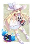  1girl bag blonde_hair border braid closed_mouth collared_dress commentary cosmog dress duffel_bag eyelashes green_background green_eyes hat hat_ribbon holding_strap kneehighs knees lillie_(pokemon) long_hair poke_ball_print pokemon pokemon_(creature) pokemon_sm ribbon see-through shoes sleeveless sleeveless_dress socks sun_hat sundress twin_braids white_border white_dress white_headwear yomogi_(black-elf) 