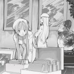  2girls aria_(manga) aria_company_uniform book greyscale indoors long_hair looking_at_object monochrome multiple_girls phonograph suiso_(owp) window 