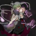  2others androgynous barefoot carrying closed_mouth cocopalm dress ex-sese expressionless fire green_eyes green_hair grin hair_between_eyes highres kitsugai_sese len&#039;en multiple_others other_focus pink_eyes pink_fire pink_hair princess_carry shion_(len&#039;en) short_hair sketch smile white_dress 
