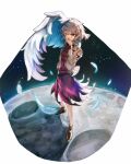  1girl brown_footwear dress full_body grey_hair highres ichigo_maru jacket kishin_sagume long_sleeves looking_at_viewer moon purple_dress red_eyes short_hair single_wing solo space standing star_(sky) suit_jacket touhou white_wings wings 