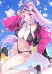  1girl animal bird blue_archive blush boots breasts cleavage eimi_(blue_archive) eimi_(swimsuit)_(blue_archive) goggles goggles_on_head halo jacket large_breasts long_hair long_sleeves looking_at_viewer navel official_alternate_costume ohland open_clothes open_jacket open_mouth penguin pink_eyes pink_hair pink_halo pink_jacket ponytail smile solo very_long_hair 