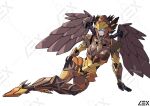  1girl absurdres airazor beast_wars blue_eyes breasts curvy feathered_wings helmet highres lextodrawstuff mecha medium_breasts robot robot_girl simple_background solo transformers watermark white_background wings 