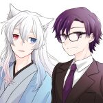  2boys animal_ear_fluff animal_ears black-framed_eyewear blue_eyes blue_hair brown_jacket closed_mouth collared_shirt copyright_request eyebrows_hidden_by_hair glasses gradient_hair grey_hair grey_kimono hair_between_eyes heterochromia jacket japanese_clothes kimono long_hair male_focus maru_(memoriatechnica) multicolored_hair multiple_boys necktie open_clothes parted_lips pink_hair purple_eyes purple_hair purple_necktie red_eyes shirt simple_background smile thick_eyebrows upper_body white_background white_shirt 
